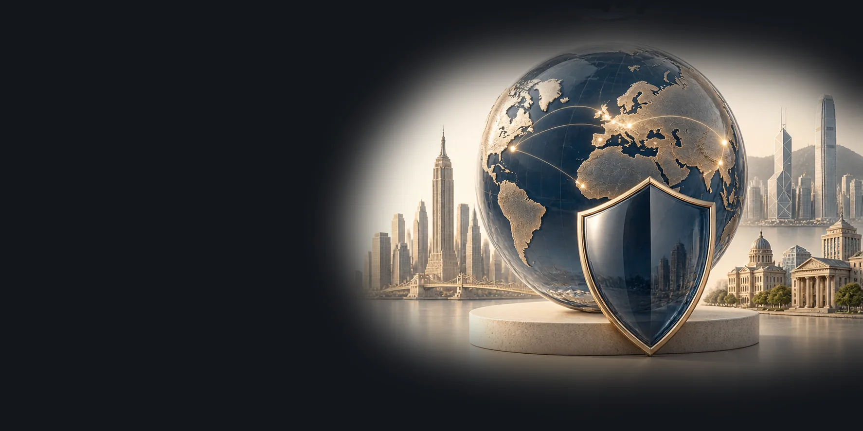 Globus mit Schutzschild vor den Skylines von New York und Hongkong – internationaler Vermögensschutz